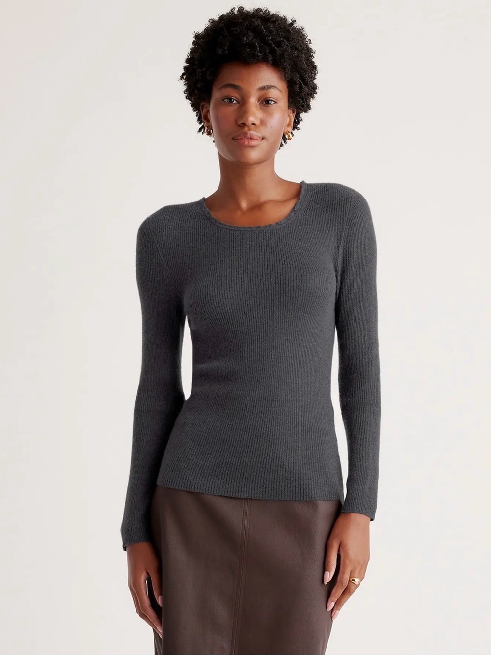 Quince Featherweight 100% Cashmere Ribbed Crewneck Sweater